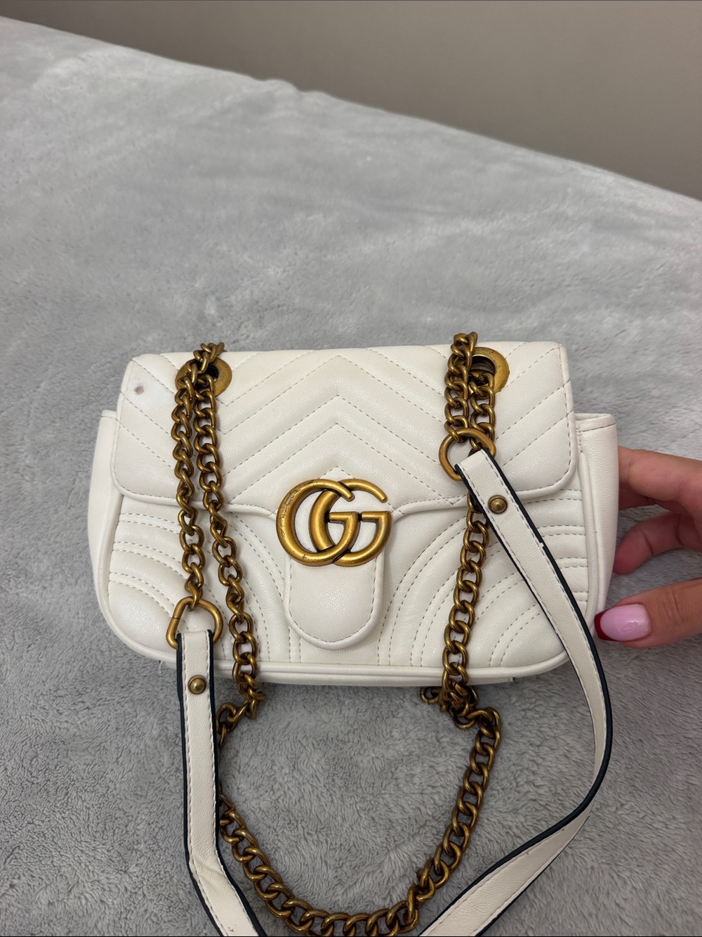 With Gucci logo Cream GG Marmont Chevron Shoulder Bag with Gold Hardware